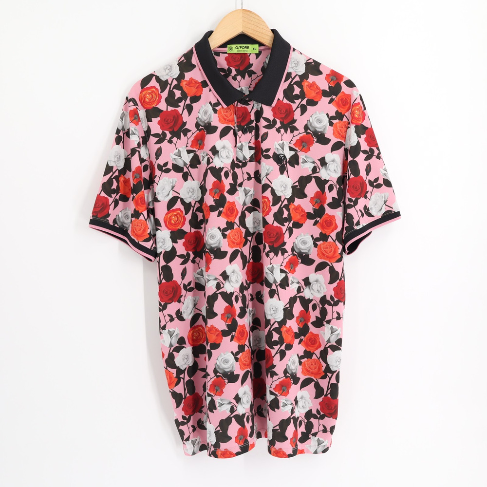 G/Fore Men's Sz XL Performance Golf Shirt Floral Print Black/Pink/Red/White